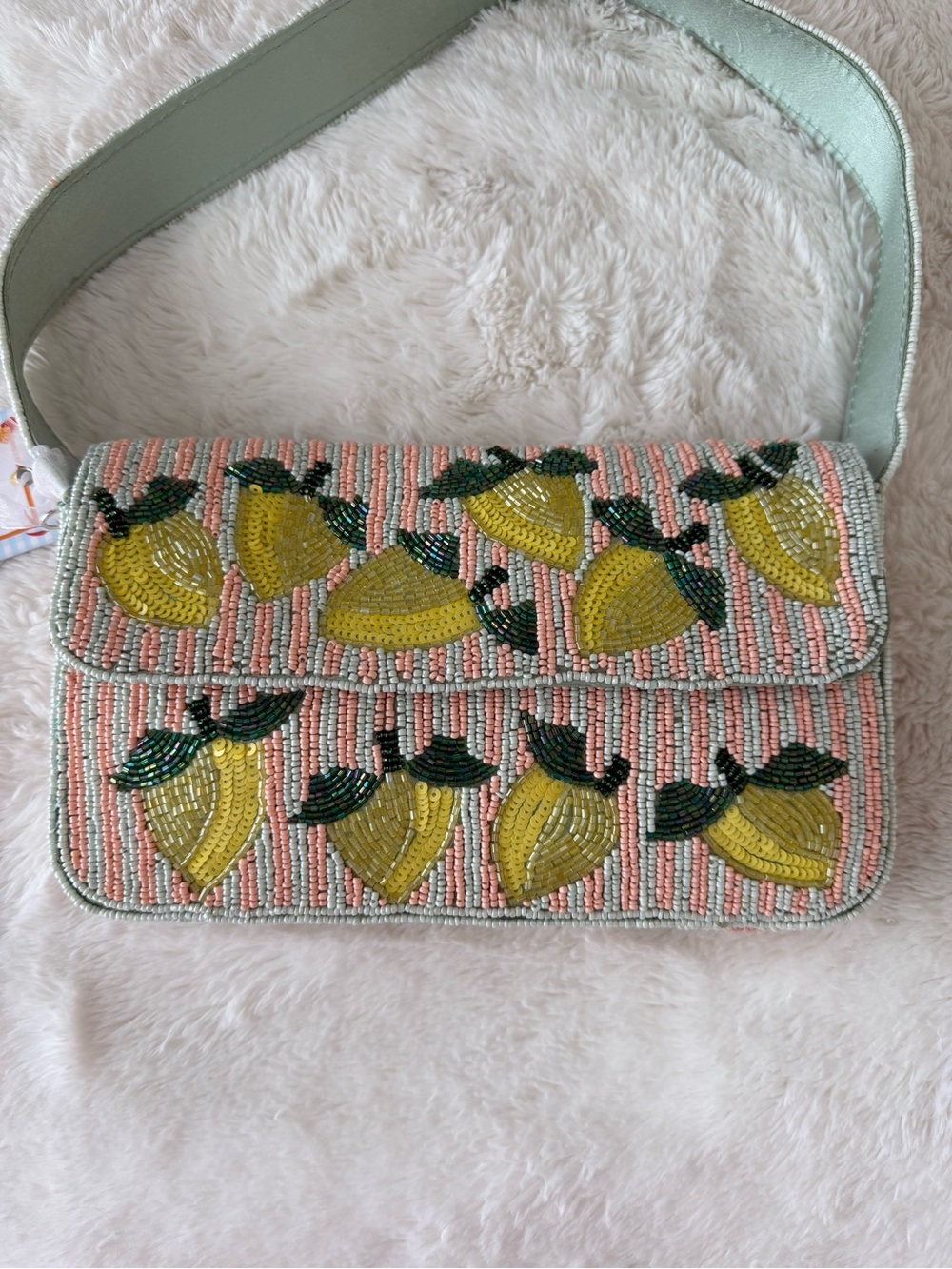 NWT Beaded Lemons Shoulder Bag in Light Green, Pink striped